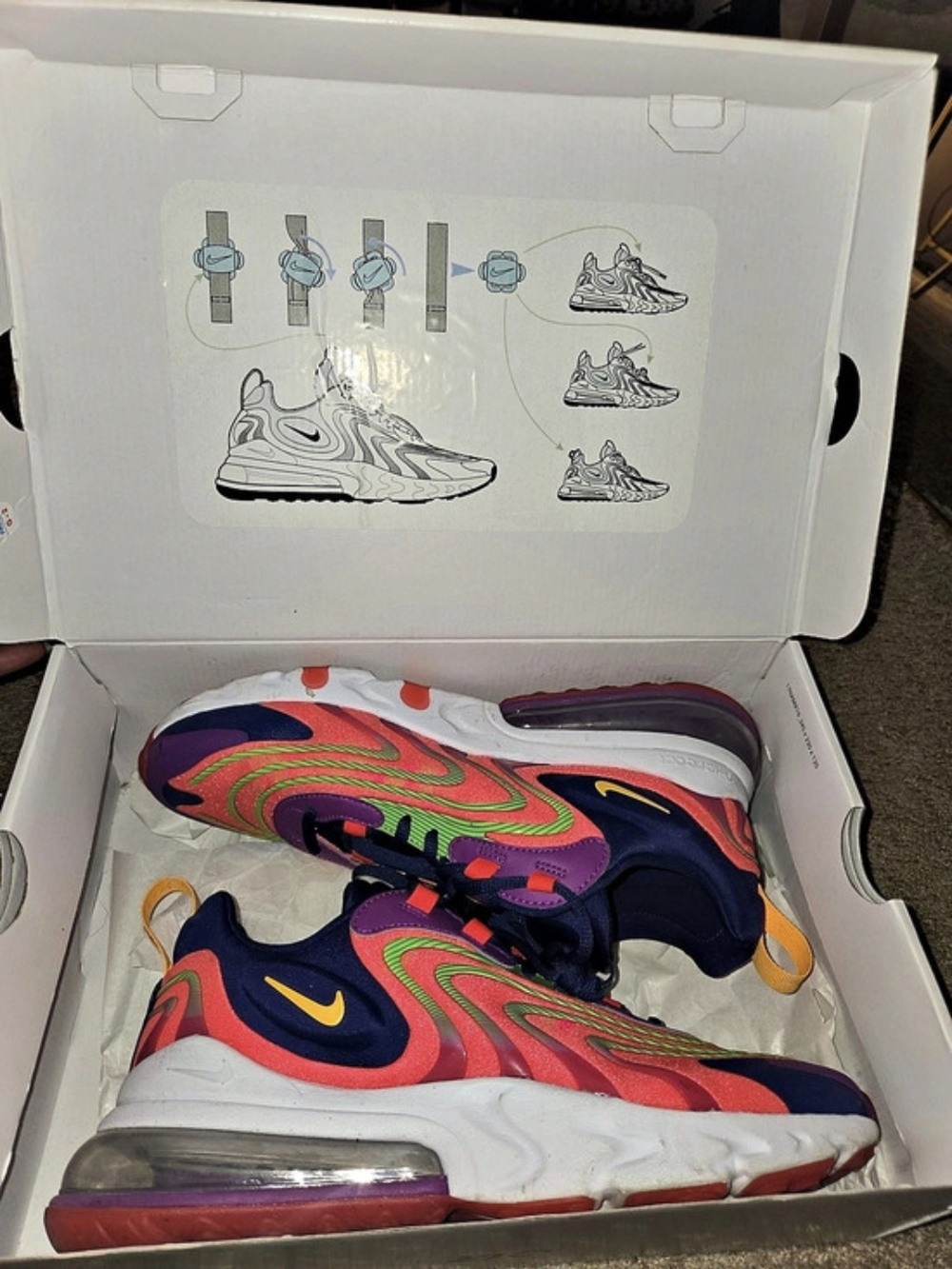 Nike Air Max 270 React ENG Sneakers Orange, Purple & Green US 10 Like New